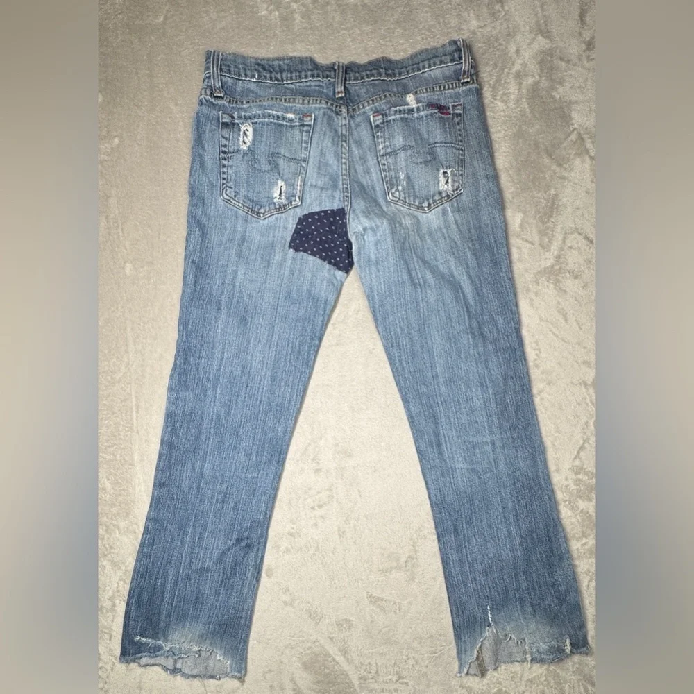 Y2K Blue Cult Midrise Kate Flare Patchwork Denim Distressed Blue Jeans Size 31